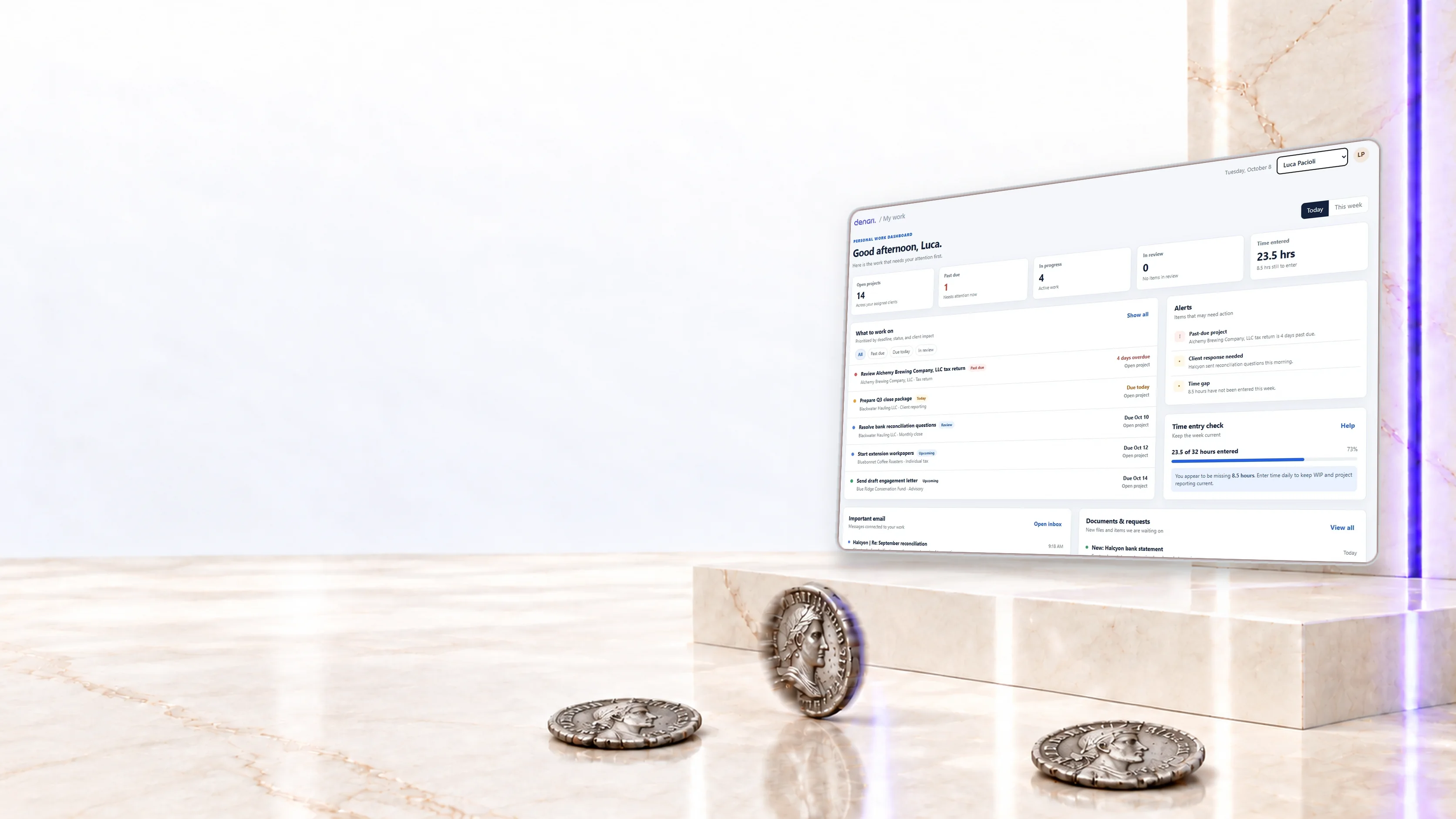 Silver coins scattered on a marble floor beside a plinth, with a Denari dashboard standing on it showing open projects, what to work on, alerts, and time entry