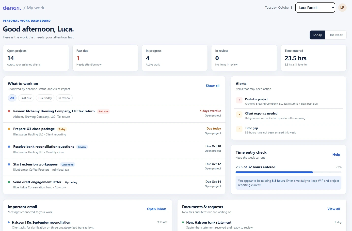 A personal work dashboard in Denari: open projects, past-due work, alerts, a time-entry check, important email, and documents and requests, all for one person